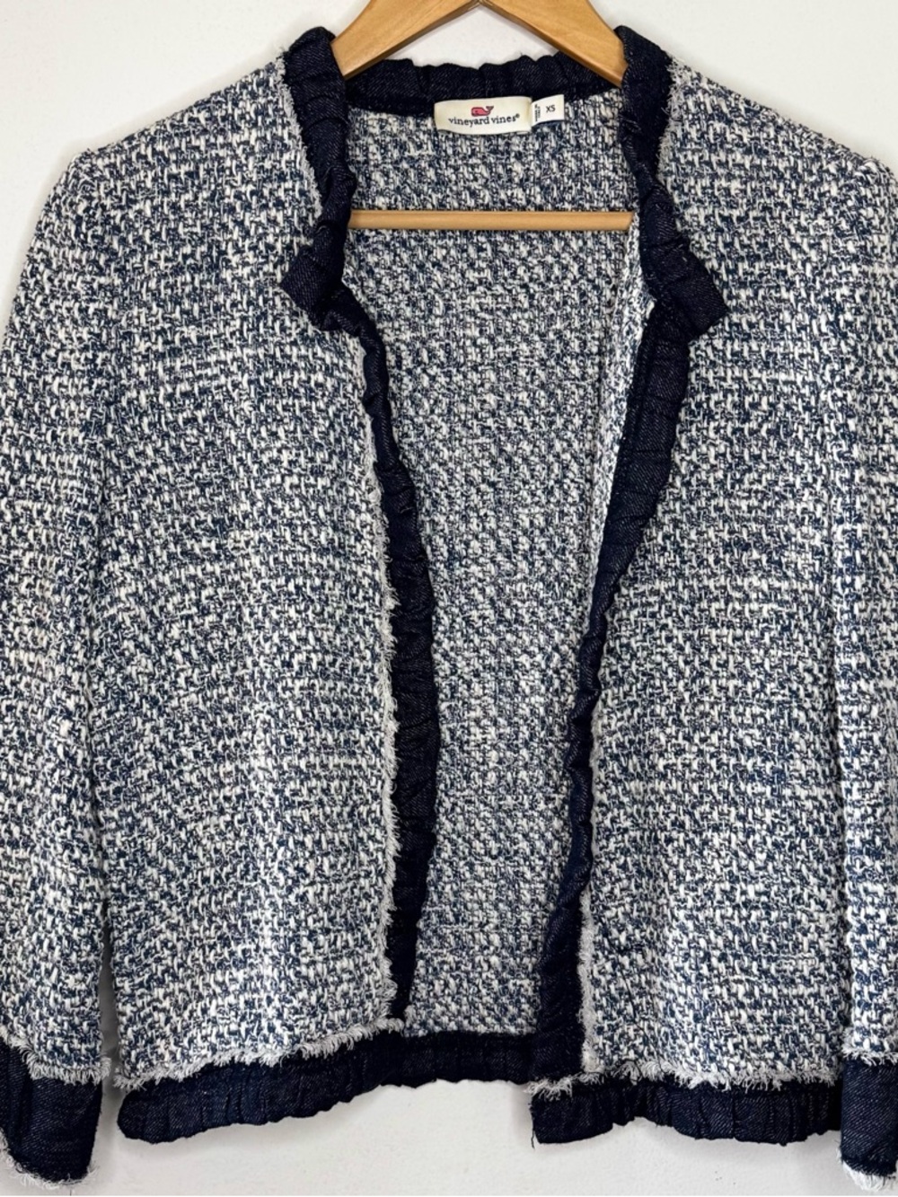 Vineyard Vines tweed Knit Open Front jacket Women’s X Small Denim Ruffles Preppy